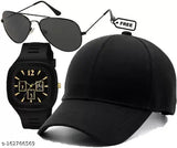 Cotton black baseball cap combo with black square dial silicone strap analog watch & black polarized lens sunglasses for men and boys - accessory set from India