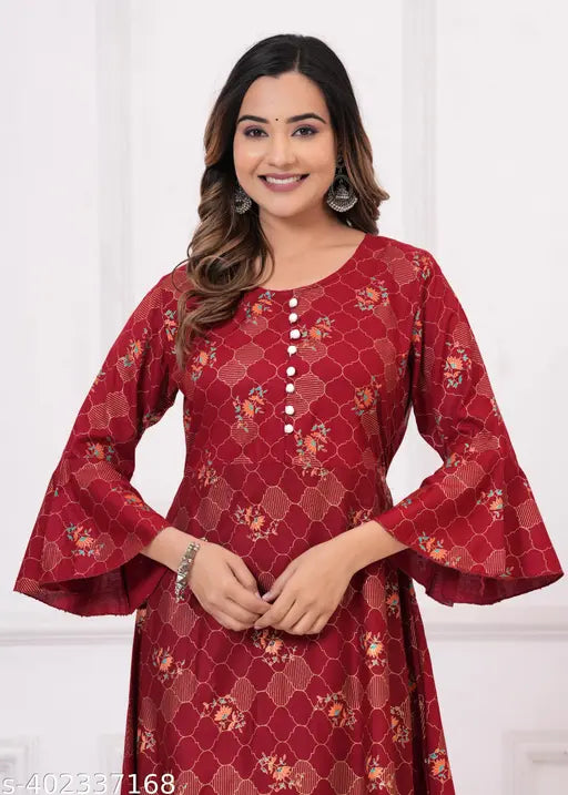 Rayon Mahroon Printed Anarkali Kurti, vibrant and intricate Jaipur design, long sleeves, multiple sizes available