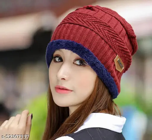 Red woolen beanie (inside fur), premium imported snow-proof unisex cap for women & girls. Soft, slouchy design, perfect for autumn-winter wear