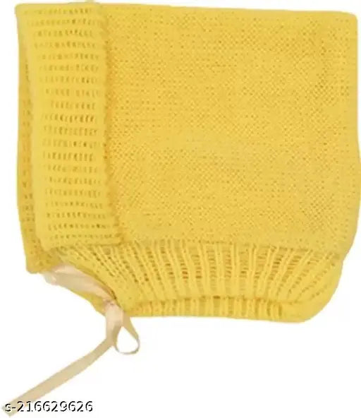 Yellow woolen knit baby sweater set with cap & booties, self-designed net pattern