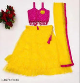 Semi-stitch kids designer lehenga, embellished blouse & net dupatta set - Indian net fabric, various sizes from 6 months to 14 years