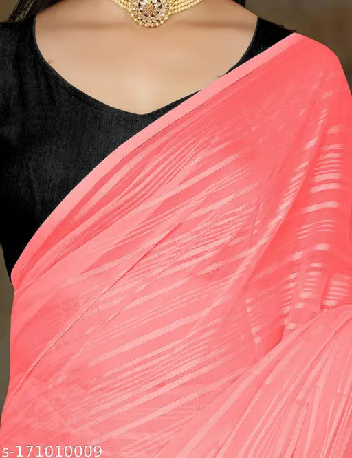 Pink Georgette saree with striped running blouse and solid net, Indian fashion accessory for women