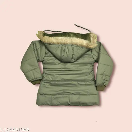 Stylish nylon winter jacket for girls, solid design with hood & removable fur, 2-3 years size, Indian origin