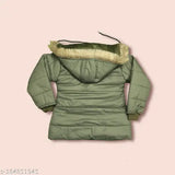 Stylish nylon winter jacket for girls, solid design with hood & removable fur, 2-3 years size, Indian origin
