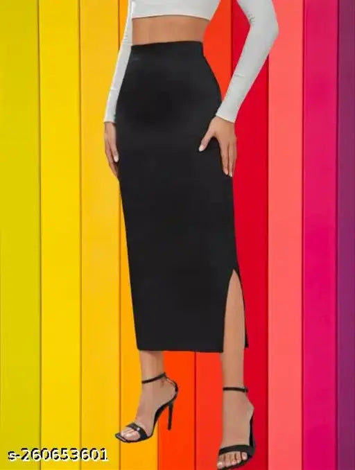 Black polyester solid straight skirt for women, high-waist midi pencil style with elastic waist, size 30 (waist 30", length 32", hip 38")