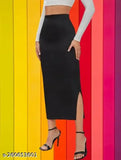 Black polyester solid straight skirt for women, high-waist midi pencil style with elastic waist, size 30 (waist 30", length 32", hip 38")