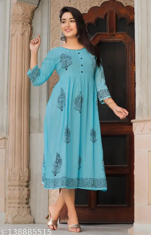 Sky Blue & Black Rayon Anarkali Kurti with embroidered print, three-quarter sleeves - Women's fashion from India