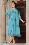 Sky Blue & Black Rayon Anarkali Kurti with embroidered print, three-quarter sleeves - Women's fashion from India