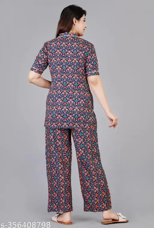 Women's printed rayon blue night suit set, short-sleeved shirt and pyjama top & bottom in art silk fabric