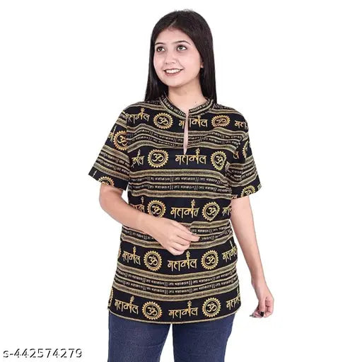 Printed cotton Women Mahakal Prinet Kurta, short sleeves, Indian cultural design