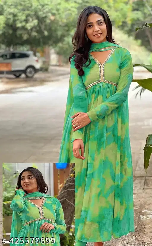 Georgette Anarkali long sleeve gown kurta with dupatta, traditional Indian party wear for women