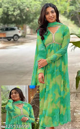 Georgette Anarkali long sleeve gown kurta with dupatta, traditional Indian party wear for women