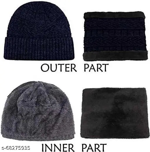 Green woolen winter cap with neck warmer (black), textured beanie ideal for outdoor activities like skiing, hiking, cycling, and travel. Handmade Indian wool product