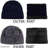 Green woolen winter cap with neck warmer (black), textured beanie ideal for outdoor activities like skiing, hiking, cycling, and travel. Handmade Indian wool product