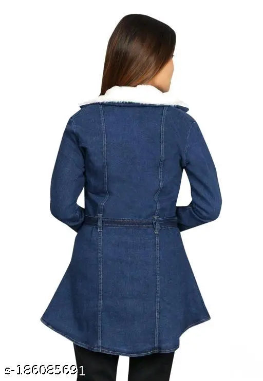 Dark blue long denim jacket with fur detail, ideal for women and teens. Solid style with possible cut-out detail." (92 characters)