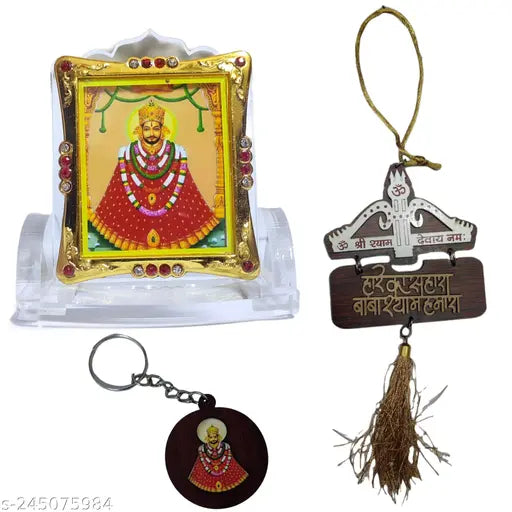 Transparent premium quality Khatu Shyam Baba idol with hanging ornament and keychain - Indian spiritual & religious car accessory