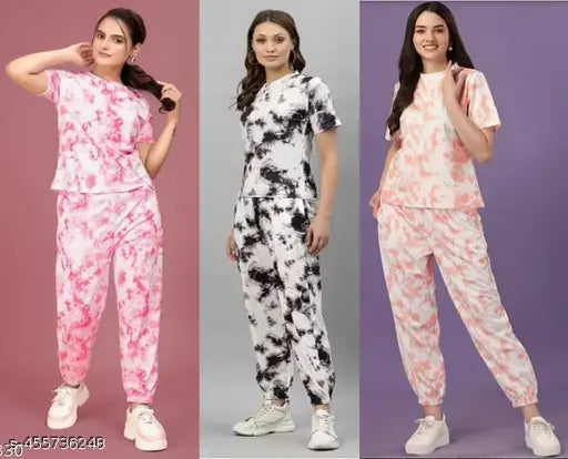 Rajasthani printed polycotton nightsuit set (top & bottom), tie-dye pattern on 3 pieces for women, India origin