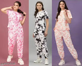 Rajasthani printed polycotton nightsuit set (top & bottom), tie-dye pattern on 3 pieces for women, India origin