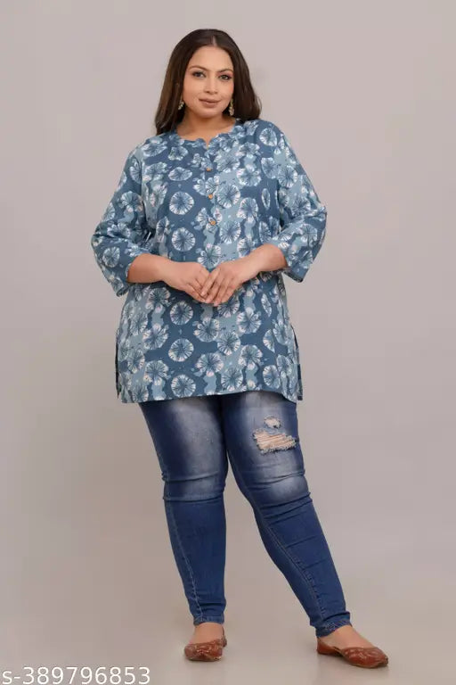 Rayon blue short kurti, three-quarter sleeves, printed pattern, fashionable Indian summer wear