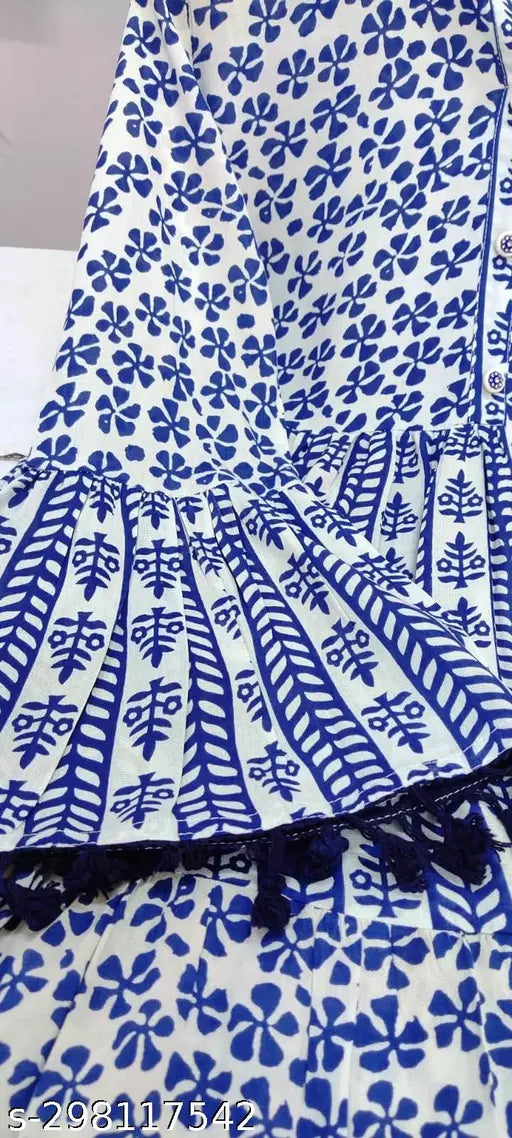 Indigo rayon long anarkali mandarin neck dress with pom poms, full sleeves, festive look