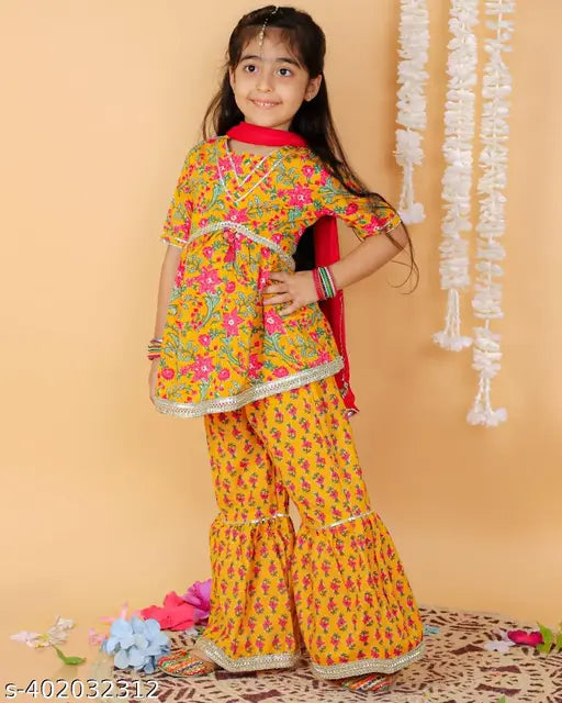 Cotton A-line Kurti-Sharara set & printed dupatta with heavy gota detailing, 9-10 years size, Indian ethnic wear