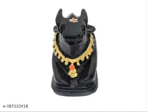 Poly resin Triple Tilak Nandi Shiv Ji cow bull for temple worship, black and intricately detailed, Indian origin