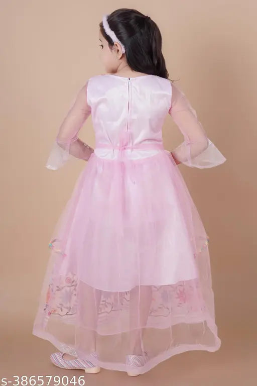 Embellished pink net gown for kids, three-quarter sleeves, BAAQI Kids/Girls size range from 3-4 to 11-12 years old, Indian origin