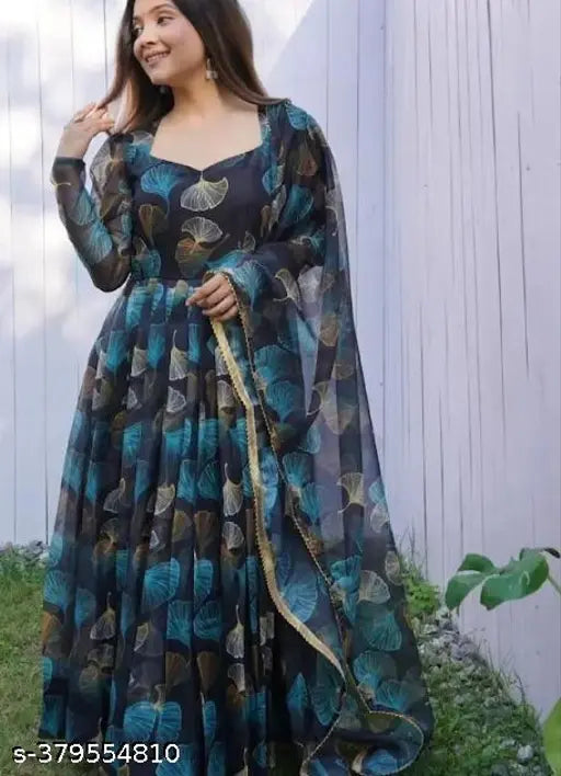 Trendy printed Georgette gown, long sleeves and matching dupatta with four side lace - women's fashionable party wear