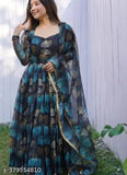 Trendy printed Georgette gown, long sleeves and matching dupatta with four side lace - women's fashionable party wear