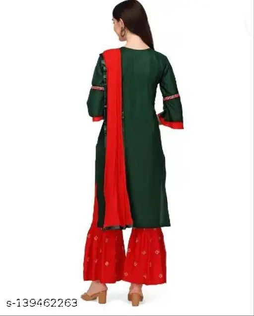 Rayon kurti set with embroidered dupatta and sharara, beautiful women's fashion from India (M: Bust 38in, Kurta 34in, Bottom 32in; L: Bust 40m, Kurta 36m, Bottom 34m; XL: Bust 42m, Kurta 38m, Bottom 36m; XXL: Bust 44m, Kurta 40m, Bottom 38m)