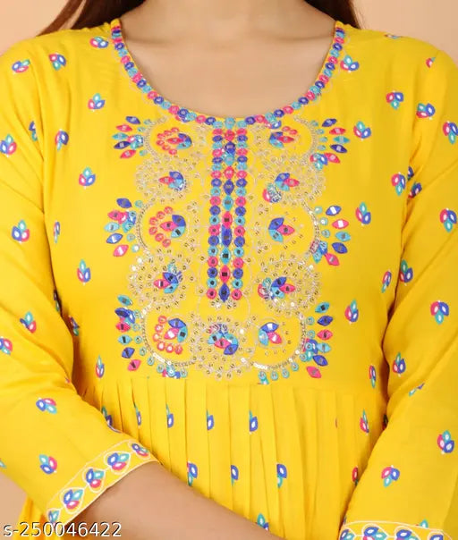Yellow rayon embroidered kurta pant & dupatta set, Naira cut, indigo multicolor design for women's ethnic collection, round neck and floral print, Rayon fabric, country of origin: India