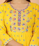 Yellow rayon embroidered kurta pant & dupatta set, Naira cut, indigo multicolor design for women's ethnic collection, round neck and floral print, Rayon fabric, country of origin: India
