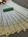 Embroidered feather design mirror work sari in super net fabric with heavy plain banglory silk blouse, featuring cutwork border on pallu and latkan detail, available in multiple colors including mustard yellow, off-white, black, steel gray, and sky blue. Indian-origin saree is 5.5 meters long and comes with a separate dupion silk blouse piece