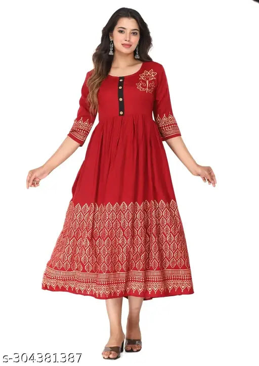 Maroon rayon Anarkali kurti, printed combo, three-quarter sleeves. Women's fashion, Indian ethnic wear, checkered design