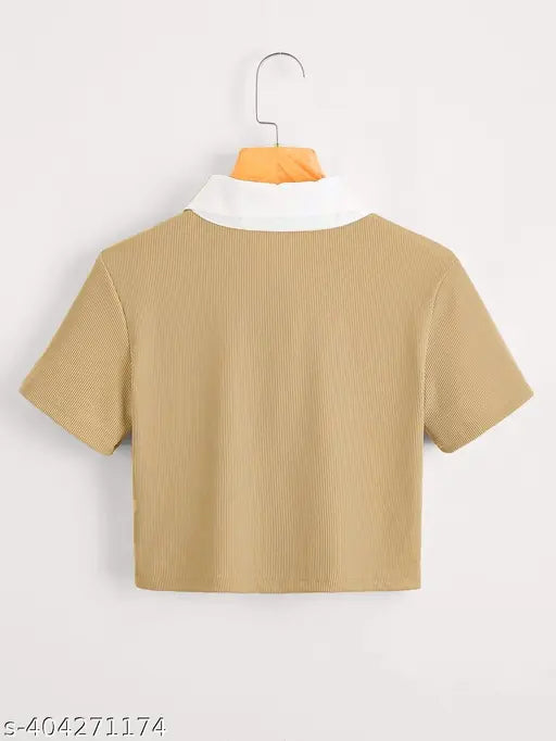 Cotton Women's Korean top, short sleeves, solid net design, sizes S-XL originated in India