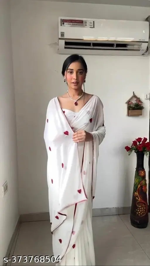 Red heart white Georgette saree with embroidered gamthi work and border piping, free size (5.5m saree length, 0.8m blouse length) - Festival special Indian fashion accessory