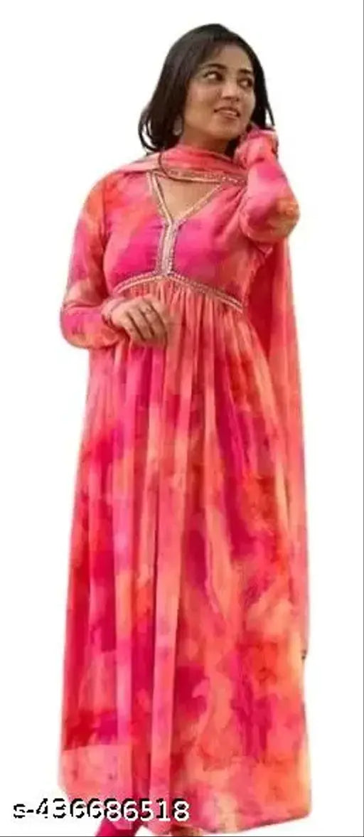 Women's stylish floral printed Georgette Anarkali gown with dupatta set - white, long sleeve, maxi dress for women party wear