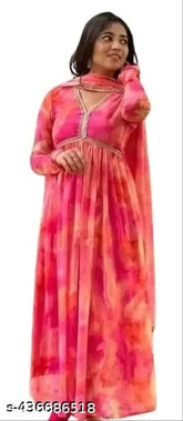 Women's stylish floral printed Georgette Anarkali gown with dupatta set - white, long sleeve, maxi dress for women party wear