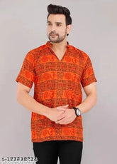 Rayon short-sleeved western wear kurti with OM printed design, Indian men's fashion