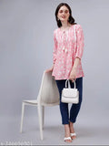 Pink floral cotton viscose tunic top, V-neck with lace detail, three-quarter sleeves, perfect casual wear
