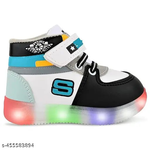 Kids unisex mesh & rubber LED lights sneakers, colorblocked net material, ideal for boys. Bright, glowing shoes from GLAMLITE brand. Available in various sizes from 18-24 Months to 4.5-5 Years. Made in India