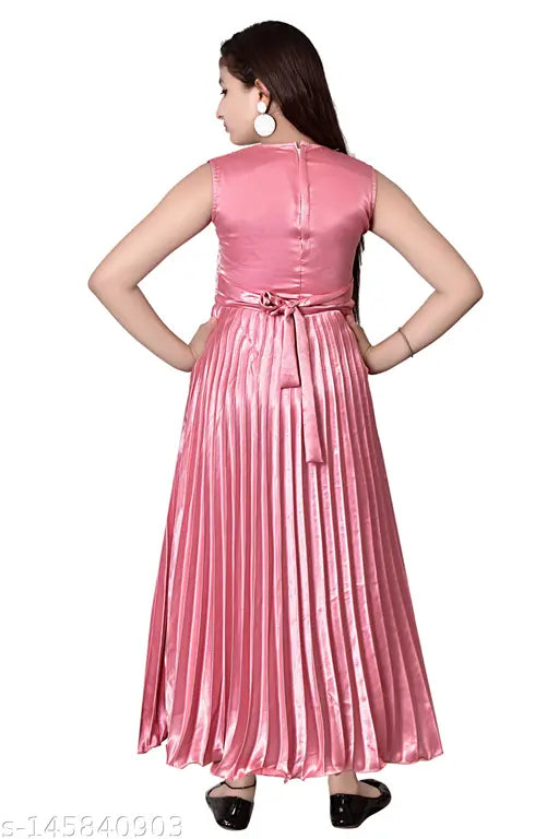 Stylish satin pink pleated party dress for girls, affordable fashion for special occasions