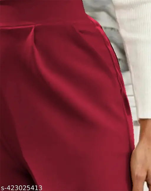 Maroon polyester blend mid-waist trousers with two side pockets, solid pattern for casual wear (42 inches)