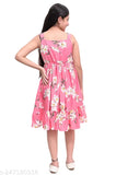 Pink cotton blend knee-length floral dress, perfect for girls' parties