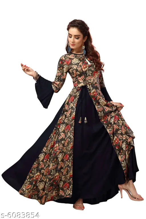 Rayon Anarkali Kurta with Boat Neck and 3/4 Sleeves, printed design on long gown style. Indian women's fashion in high-quality rayon fabric
