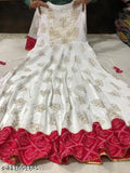 White rayon embroidered Anarkali Kurti with three-quarter sleeves, perfect for girls' festive wear. Features latest printed embroidery from India. Size: M (38in bust, 50in length), L (40in bust, 50in length), XL (42in bust, 50in length), XXL (44in bust, 50in length), XXXL, 4XL