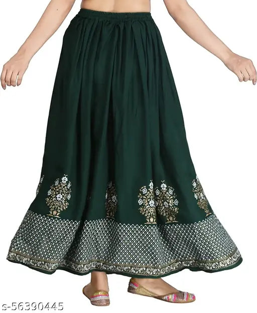 Green rayon printed net Western skirt, Jaipuri gold pattern for women's festive wear, free size up to waist 38in and length 40in