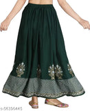 Green rayon printed net Western skirt, Jaipuri gold pattern for women's festive wear, free size up to waist 38in and length 40in