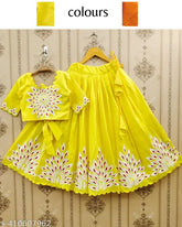 Designer taffeta silk lehenga choli for baby girl - Embroidered, full-skirted traditional kids lehenga and choli set in mid-calf length, featuring adjustable waistband and breathable lining