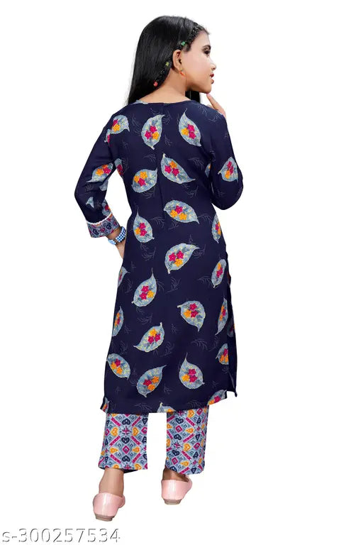 Girls fancy print rayon kurta set with printed pyjamas, 8-14 years, Cambric Cotton, Indian ethnic wear for kids